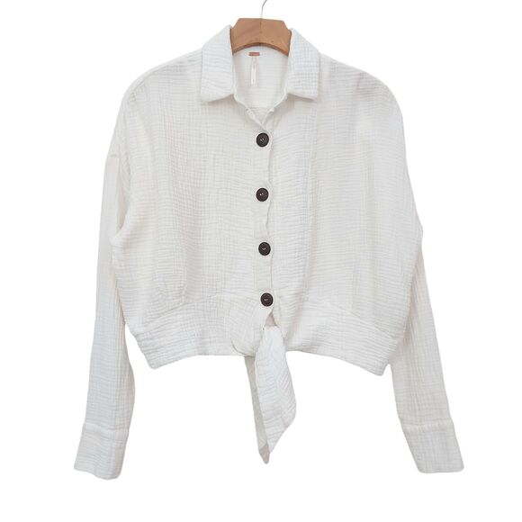 Free People Sun Streaks Top Womens Small White Boxy Gauzy Tie Front Button Up - Picture 1 of 12